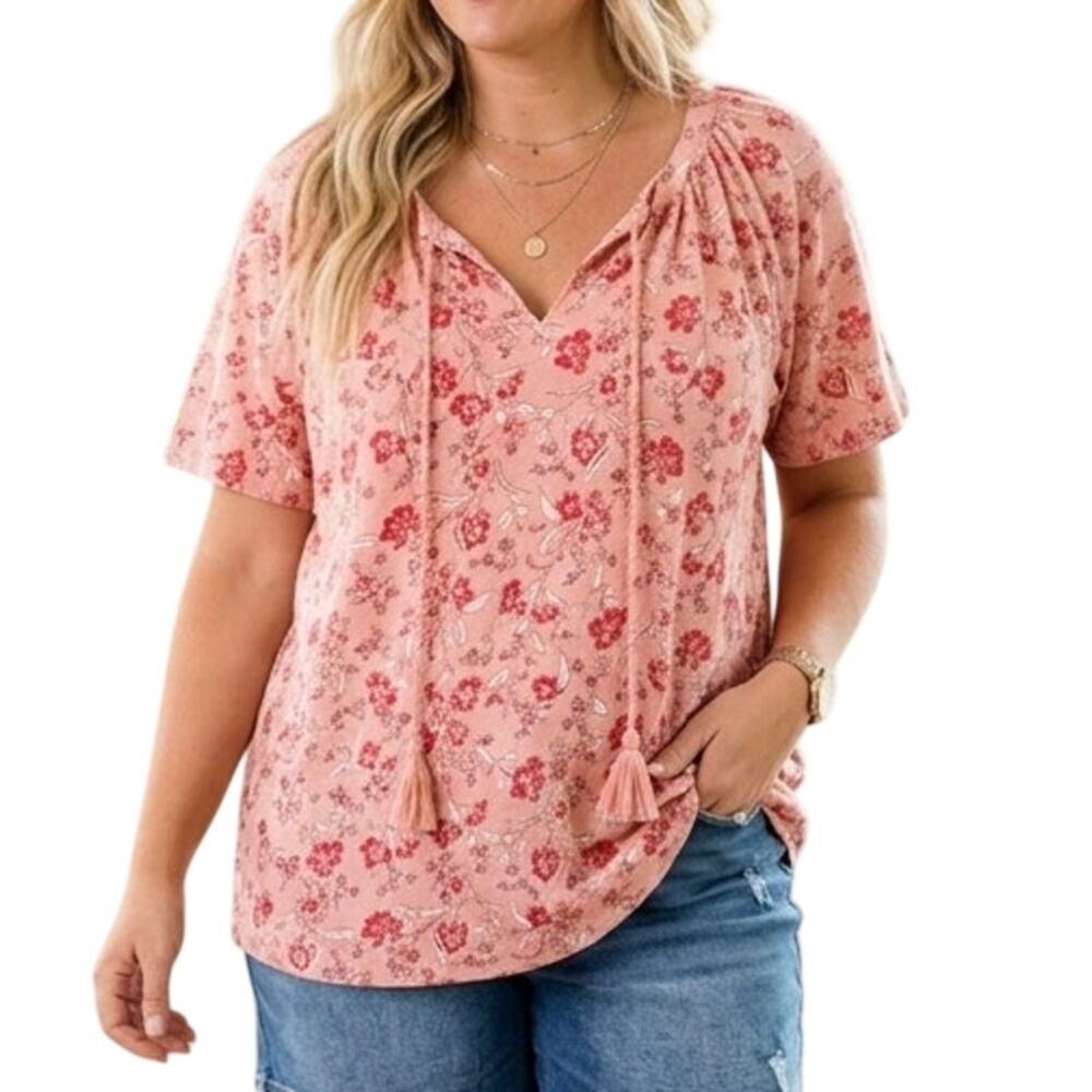 Style & Co Tassel Top Womens Size 1X Pink Floral Cotton Casual Peasant Boho Knit